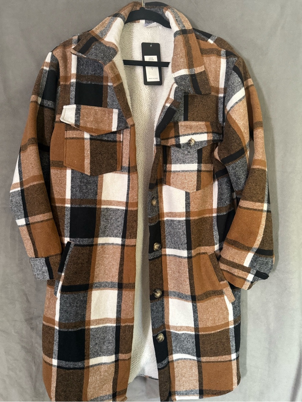 Just Love Brown, Black & White Plaid Sherpa-Lined Shacket